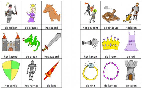 Woordkaartjes ridders en prinsessen kleur